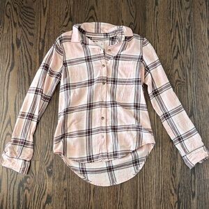 SO Pink Brown and White Plaid Flannel Button Down Shirt